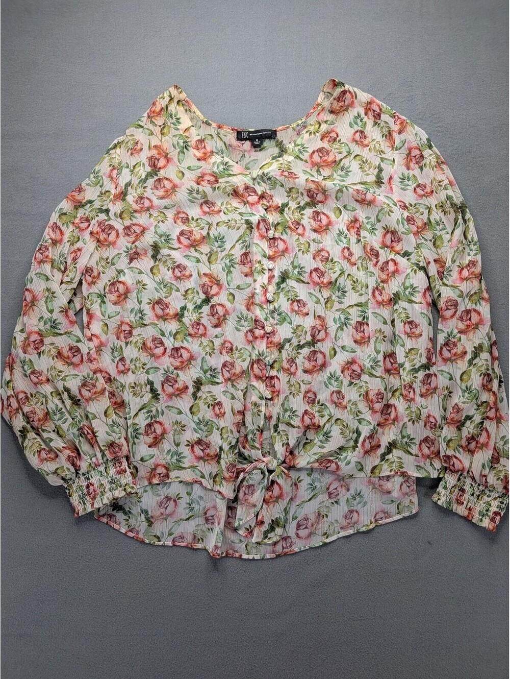 INC International Concepts Blouse Womens 1X Floral Tie Front Sheer Chiffon Top